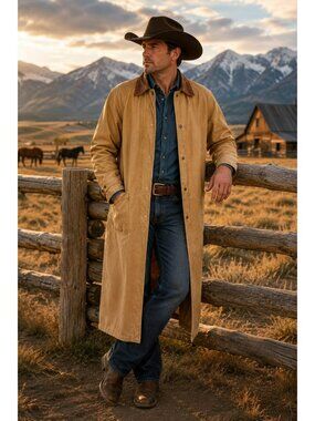 Lone Pine KEMOSABE Barn Jacket Mens Medium Leather Long Riding Duster Tan